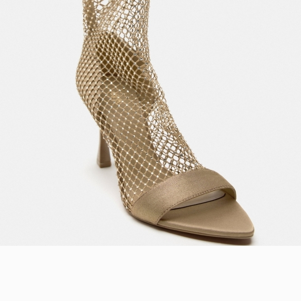 Elegant Tan Mesh Heeled Sandals